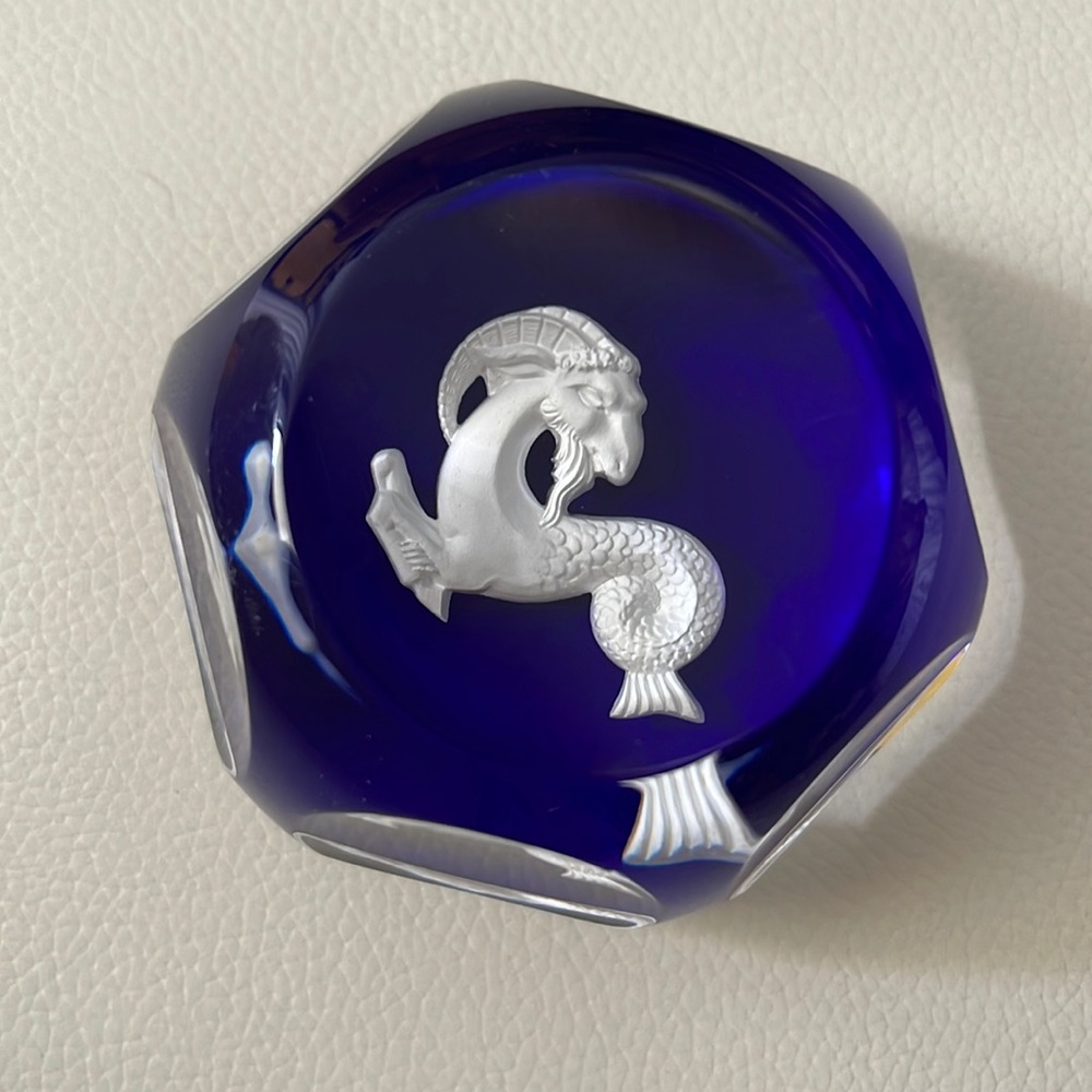 Vintage Baccarat 1970's Blue/White Crystal Zodiac Paperweight